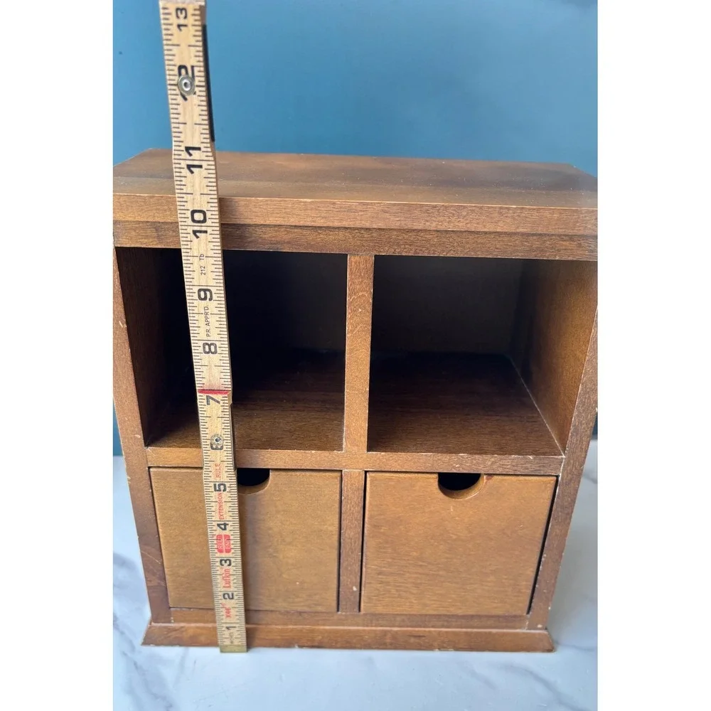 Wooden Desktop Organizer 2 Cubby 2 Drawer Brown Wood Storage Chest